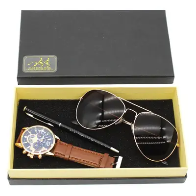 Men's Black Sunglasses Watch Set with Watch & Pen