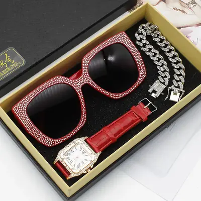 Diamond Sunglasses Watch Set for Women Red Leather Bracelet