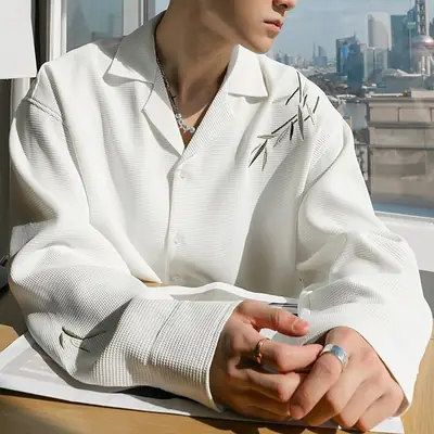 Men's Black Bamboo Embroidered Long-Sleeve Shirt