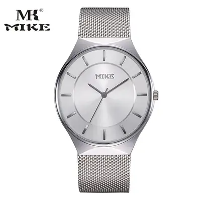MK MIKE Men's Mesh Belt Watch Silver Ultra-Thin Quartz