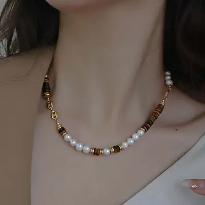 Natural Tiger Eye Pearl Necklace for Women Autumn Winter
