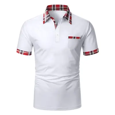 Men's Light Blue Polo Shirt Short Sleeve Plaid Trim