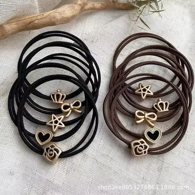 Leather Band Hair Ties for Women Black Brown Gold Heart Bow Crown