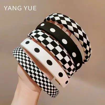 Women's Black & White Checkered Plaid Headband with Bow