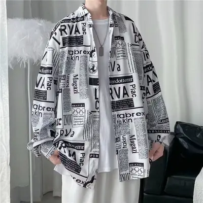 Men's Long Sleeve Japanese Style Shirt with Anti-Wrinkle Print
