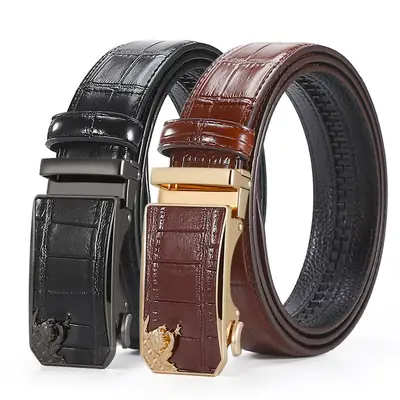 Men's Brown Croc PU Leather Belt with Gold Buckle