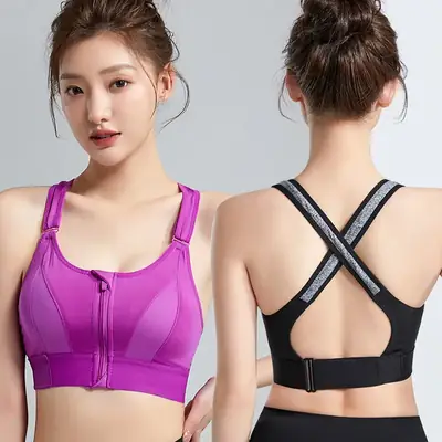 Women's Front Zipper Sports Bra Pink Plus Size Wireless Push Up