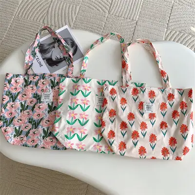 Japanese Style Floral Canvas Shoulder Bag for Women