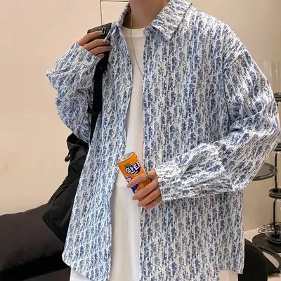 Men's Full Body Printed Long Sleeve Shirt White Gray