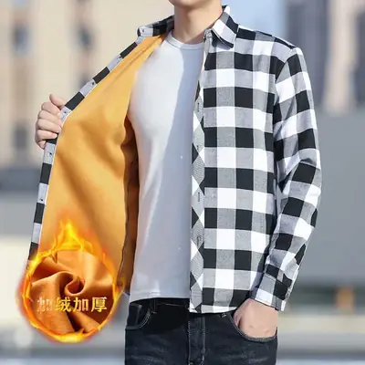 Men's Plaid Fleece Lined Long Sleeve Shirt Winter Warm