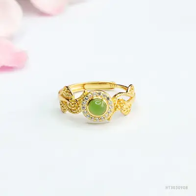 Guan Yu Inlaid Jade Ring Green Center S925 Silver