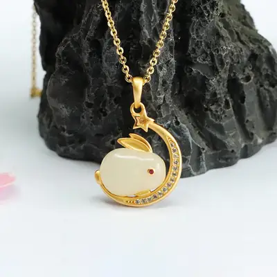 Guan Yu Jade Rabbit Pendant Necklace Gold Plated S925