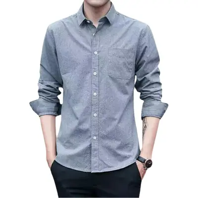 Men's Navy Blue Oxford Textile Long Sleeve Shirt