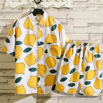 Men's Tropical Print 3Q Sleeve Shirt & Shorts Set