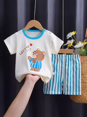 Kids Cotton Bear Print Shorts Set Blue Summer