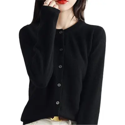 Women Red Knitted Round Neck Cardigan Autumn Winter