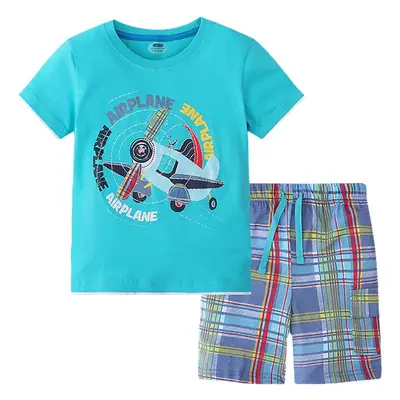 Boys Cotton T-Shirt Shorts Set Turquoise Plaid 2025