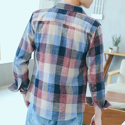 Men's Long Sleeve Plaid Shirt Blue Gray Tan Button Front