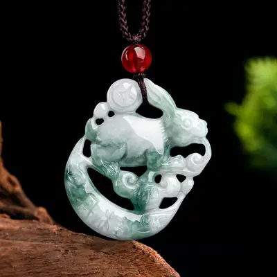 Natural Burma Jade Floating Flower Rabbit Pendant for Men Women