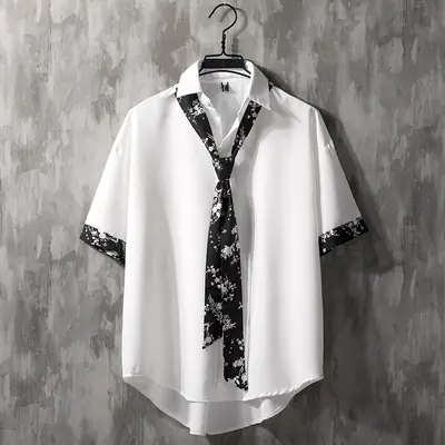 Men's White Floral 7-Sleeve Shirt with Black Trim