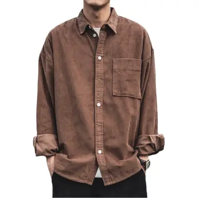 Men's Long-Sleeved Corduroy Shirt Brown Loose Fit
