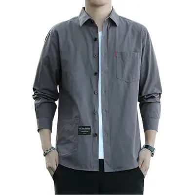 Men's Long Sleeve Cotton Shirt Tan Button Front