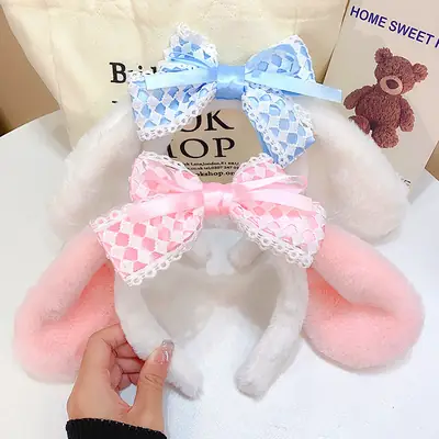 Pink Cinnamon Dog Ear Headband with Lace Bow