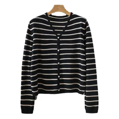2024 Knitted Striped V-Neck Shirt Black White