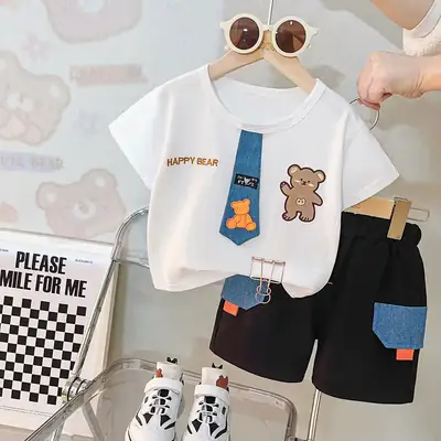Doby Boys Cotton T-Shirt Shorts Set with Bear Print
