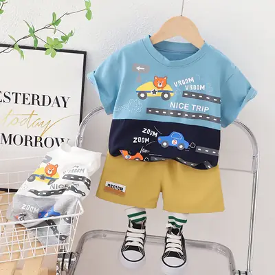 Summer Cartoon T-Shirt Shorts Set for Boys Blue Yellow