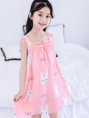 Girl's Nightdress Cotton Silk Summer Thin Children's Ice Silk Sling Pajamas Girl's Summer Dress Princess Dress Big Children's Home Dress