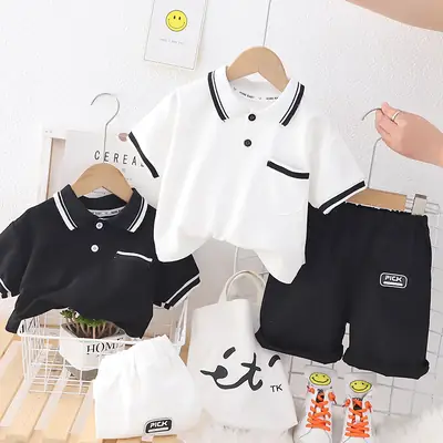 Black Polo Top with White Trim for Boys Shorts Set
