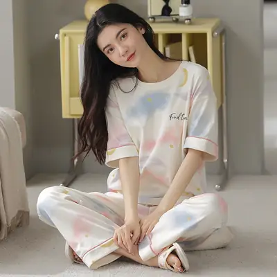 Women's Summer Cotton Pajamas Short Sleeve Trousers