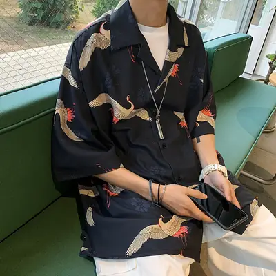 Men Korean Print Short Sleeve Shirt Blue Student Casual