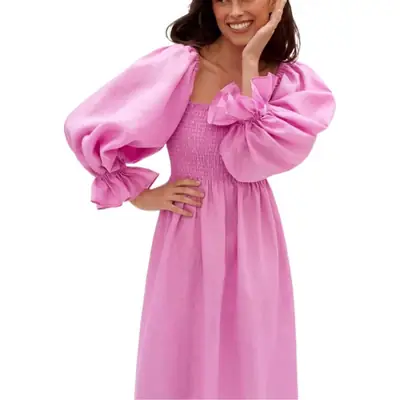 Pink Bubble Sleeve Dress for Women Spring Summer 2023