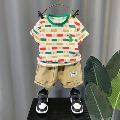 2023 Summer Baby Boys Colorful Square T-Shirt Shorts Set