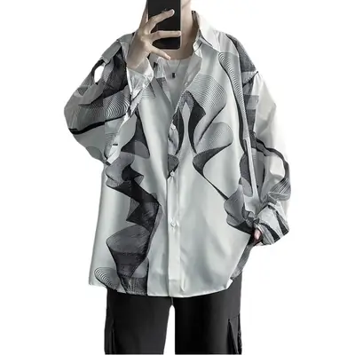 Men's Black Striped Long Sleeve Shirt Korean Style Loose Fit
