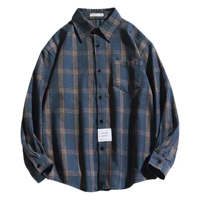 Men's Dark Blue Plaid Long Sleeve Shirt