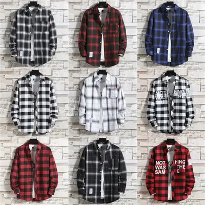 Men's Plaid Long Sleeve Shirt Black Gray Plus Size