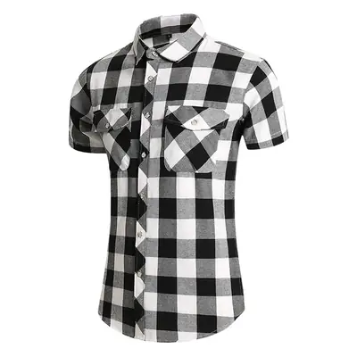 Men Plaid Short Sleeve Shirt Double Pocket Plus Size