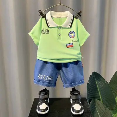 Summer Boys Green T-Shirt Blue Denim Shorts Set