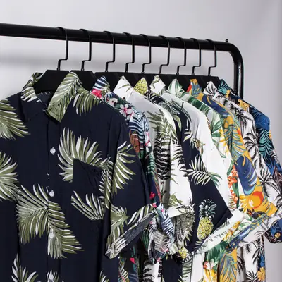 New Men's Beach Shirt Short Sleeve Coconut Print Yellow