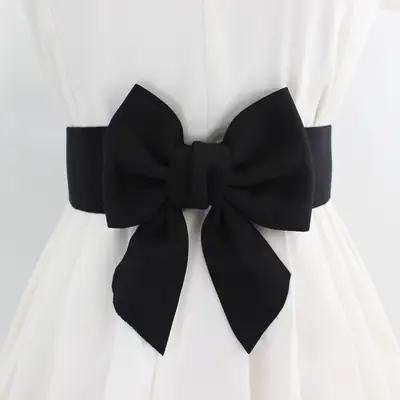 Women's Black Cotton Wide Belt with 3D Bow Sweet Elastic Waist