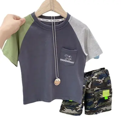Boys Cotton T-Shirt White Orange Camo Shorts Set Large