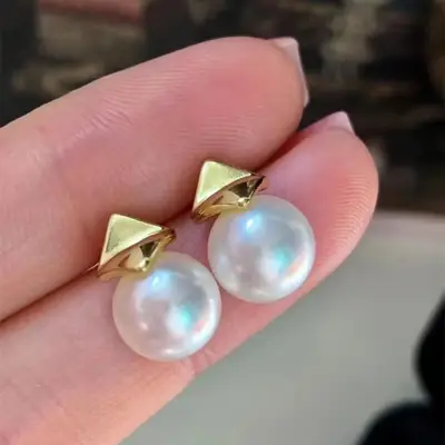 Natural Pearl Square Leaf Earrings 14K Gold