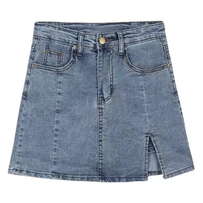 Women Denim Slit Skirt High Waist Blue 2025