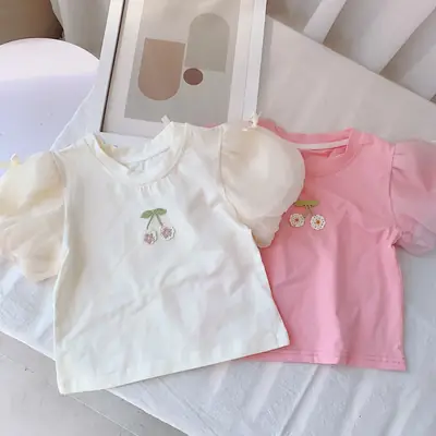 Pink Cherry Embroidered Short Sleeve T-Shirt for Girls 0-3Y