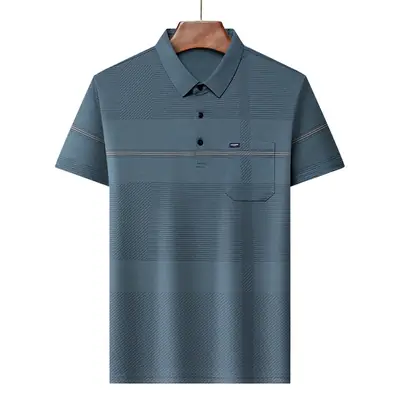Men Blue Striped Ice Silk Polo Shirt Short Sleeve