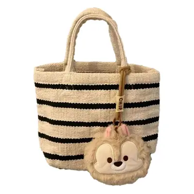 Women's Knitted Striped Shoulder Tote Bag with Cute Pom Pom