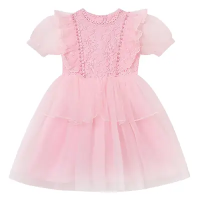 Girls Princess Dress Red White Lace Skirt Puff Sleeve Summer 2025